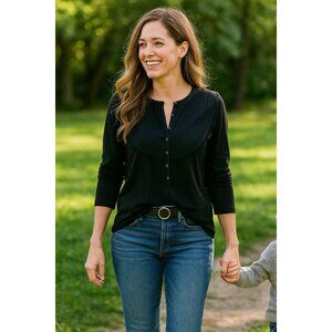 Theory Black Wool Blend Henley Long Sleeve Blouse Pleated Yoke Top Medium
